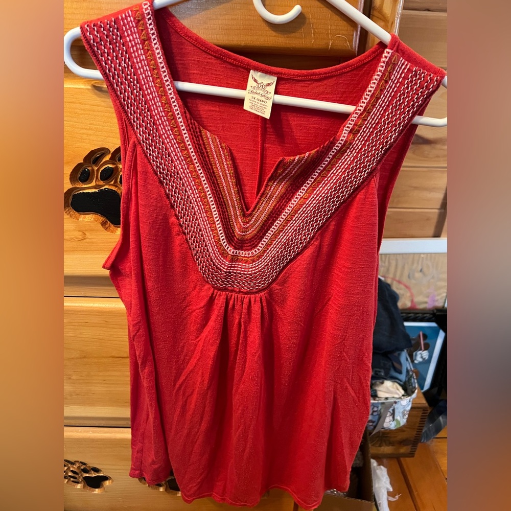 XL red tank top with decorative trim